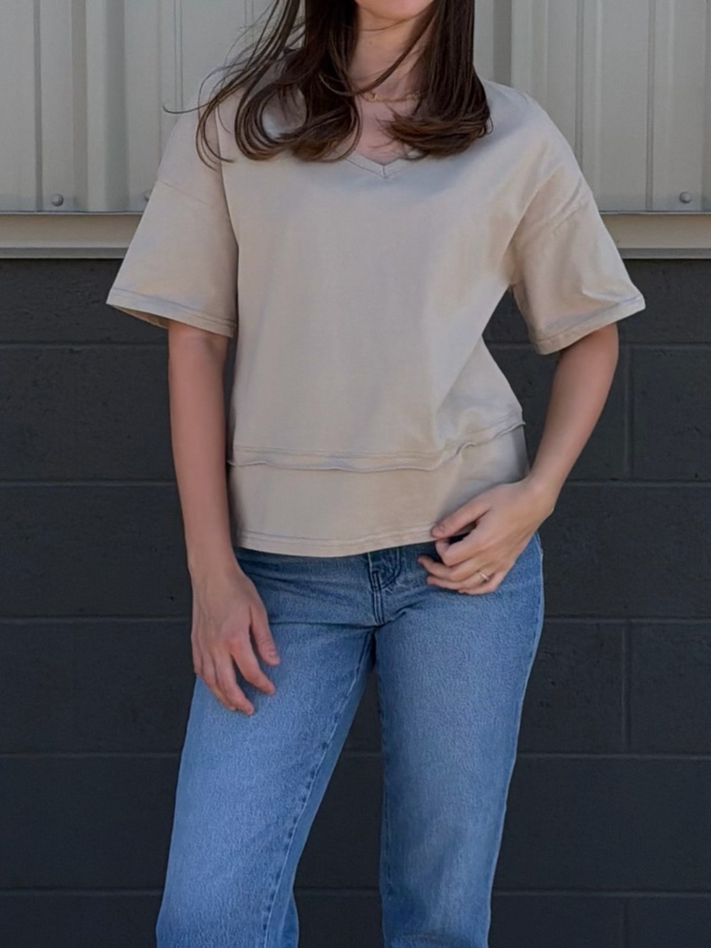 Casual Beige/Khaki V-Neck Flowy Tee - Size S